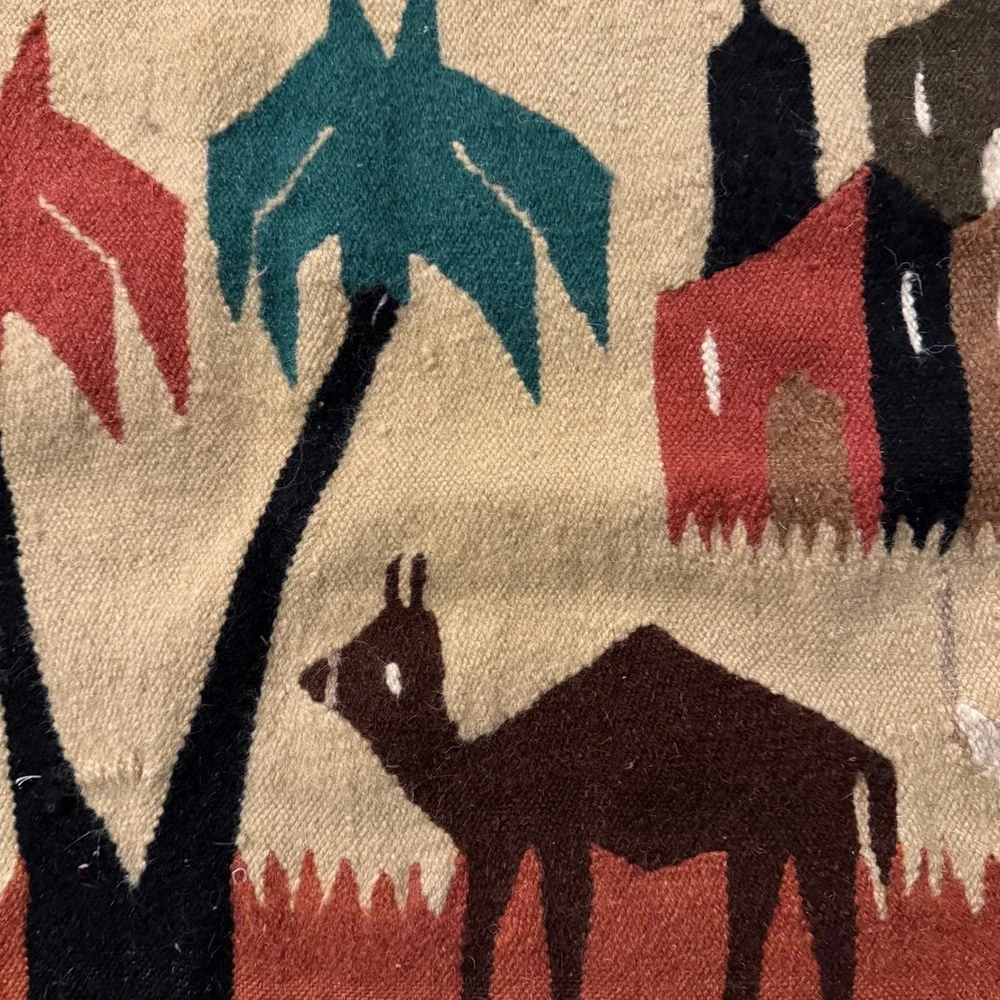 Vintage Egyptian Wool Tapestry Camel Caravan‎ Oasis Handwoven Wall Hanging 42x24